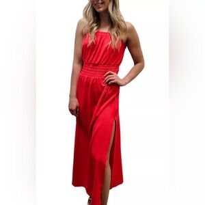 Michael Kors Geranium Red Smocked Stretchy Adjustable Straps Maxi Dress PS NWT